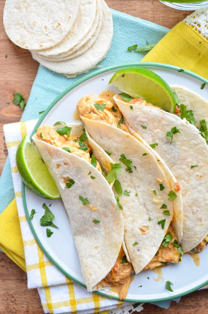Three chicken queso tacos on a plate, resting on bright napkins.