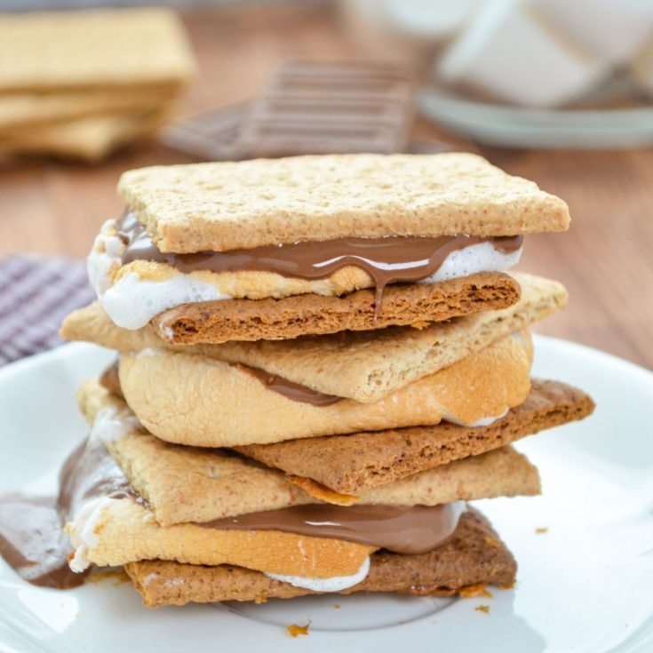 A stack of S'mores on a plate.