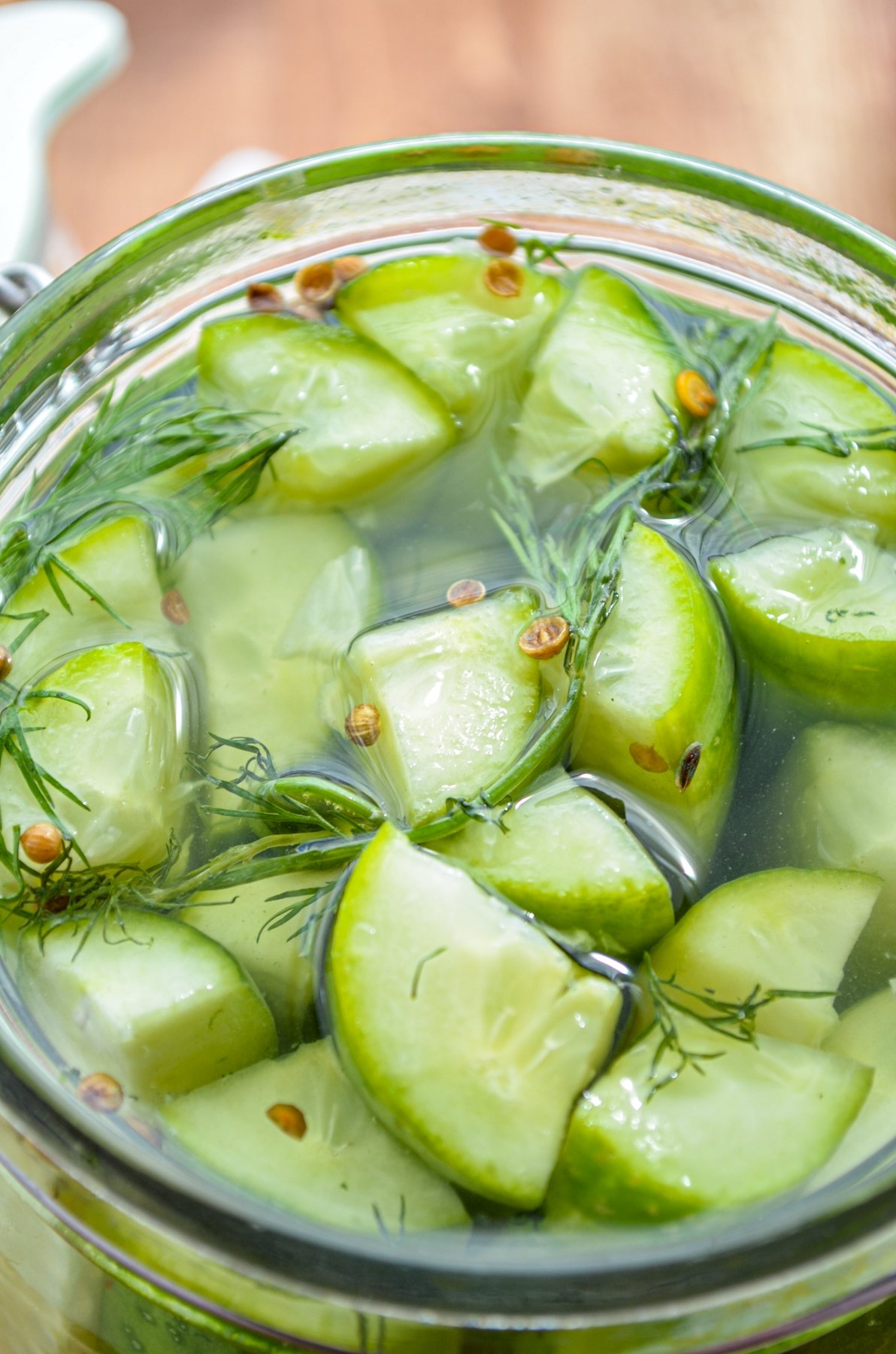 Instant Pot refrigerator pickles in a glass jar.
