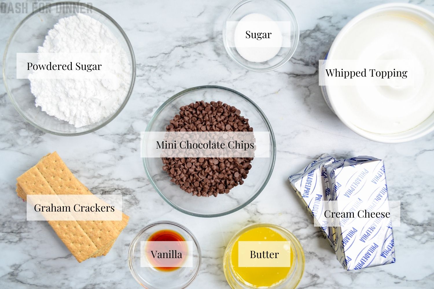 Ingredients needed to make a no bake chocolate chip cheesecake.