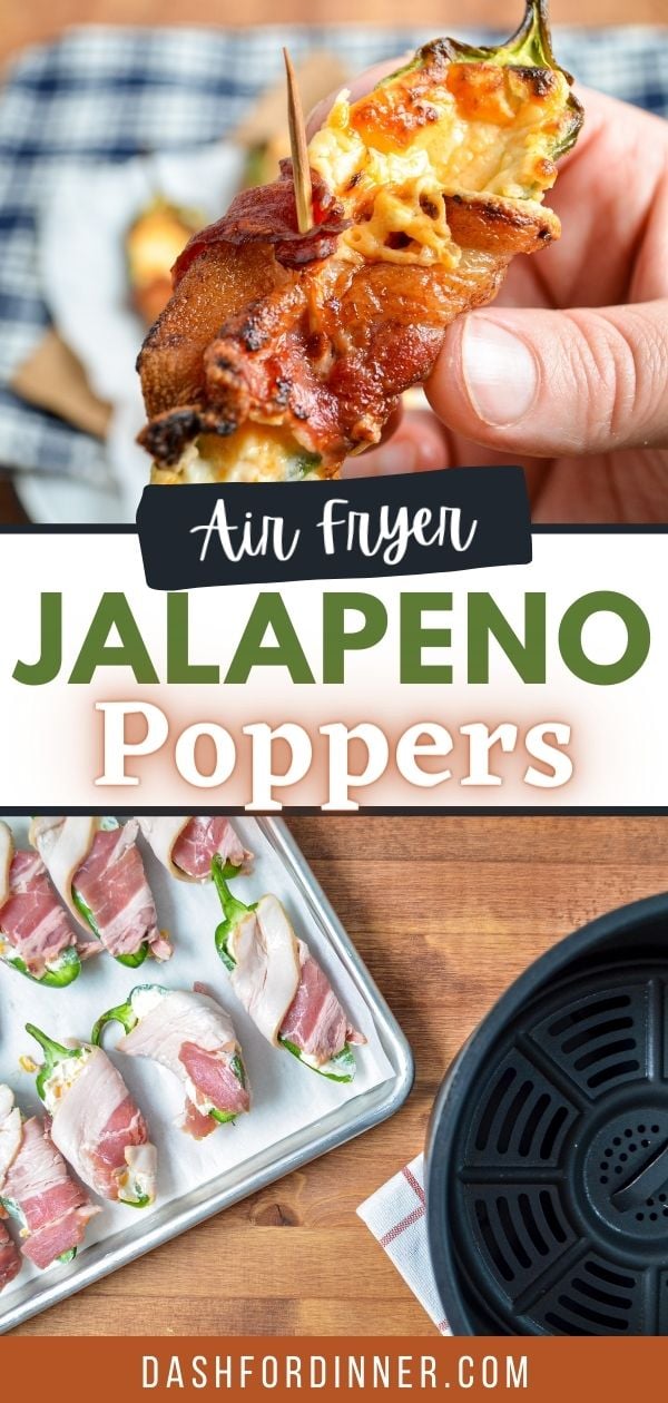 A hand holding a bacon wrapped jalapeno popper, with an air fryer basket in the bottom frame