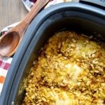 A slow cooker full of chicken and stuffing casserole.