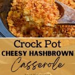 A slow cooker filled with hash brown casserole.