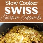 A slow cooker filled with chicken and stuffing casserole.