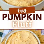 A bowl of pumpkin fluff dip, with an apple being dipped into it.