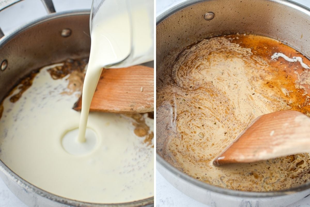 Adding heavy creamy to a skillet and scraping up the bits with a wooden spatula.