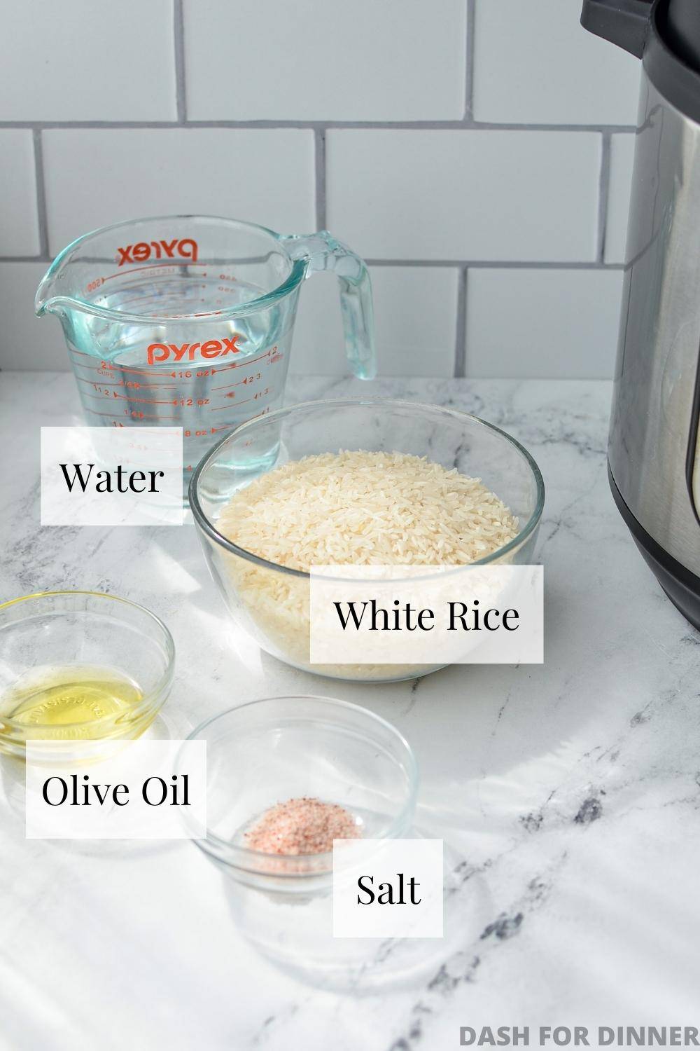 The ingredients needed to make Instant Pot white rice.