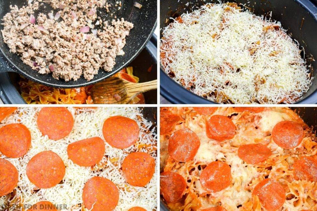 Adding ground beef, cheese, and pepperoni to a slow cooker.