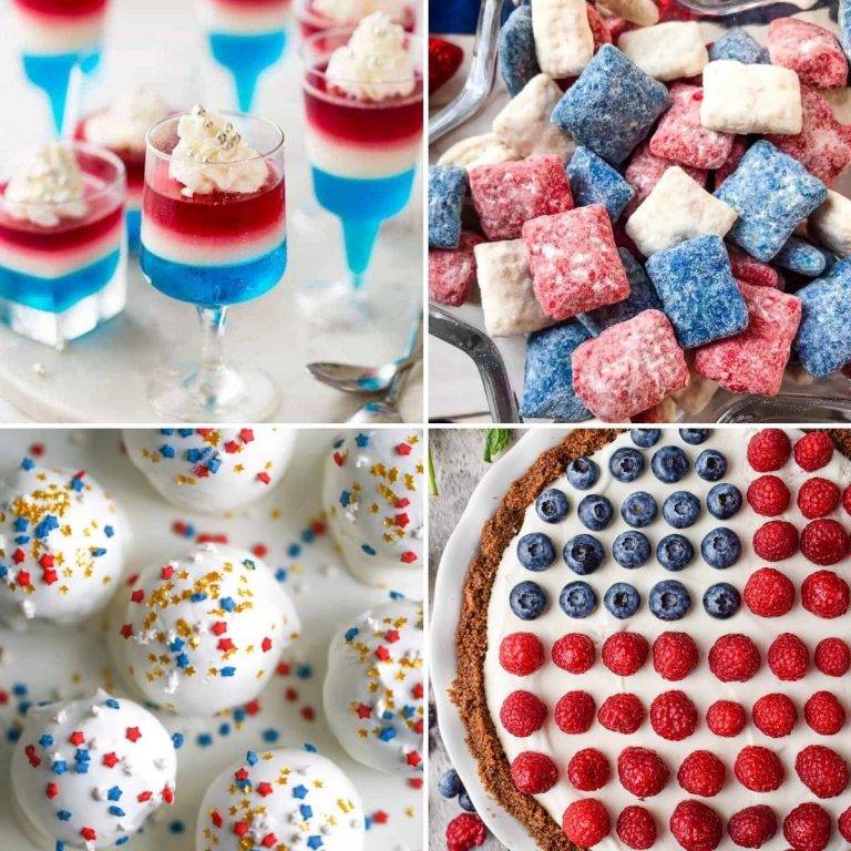 4th of July desserts: a layered jello, red white and blue muddy buddies, Oreo truffles, and a berry flag cake.