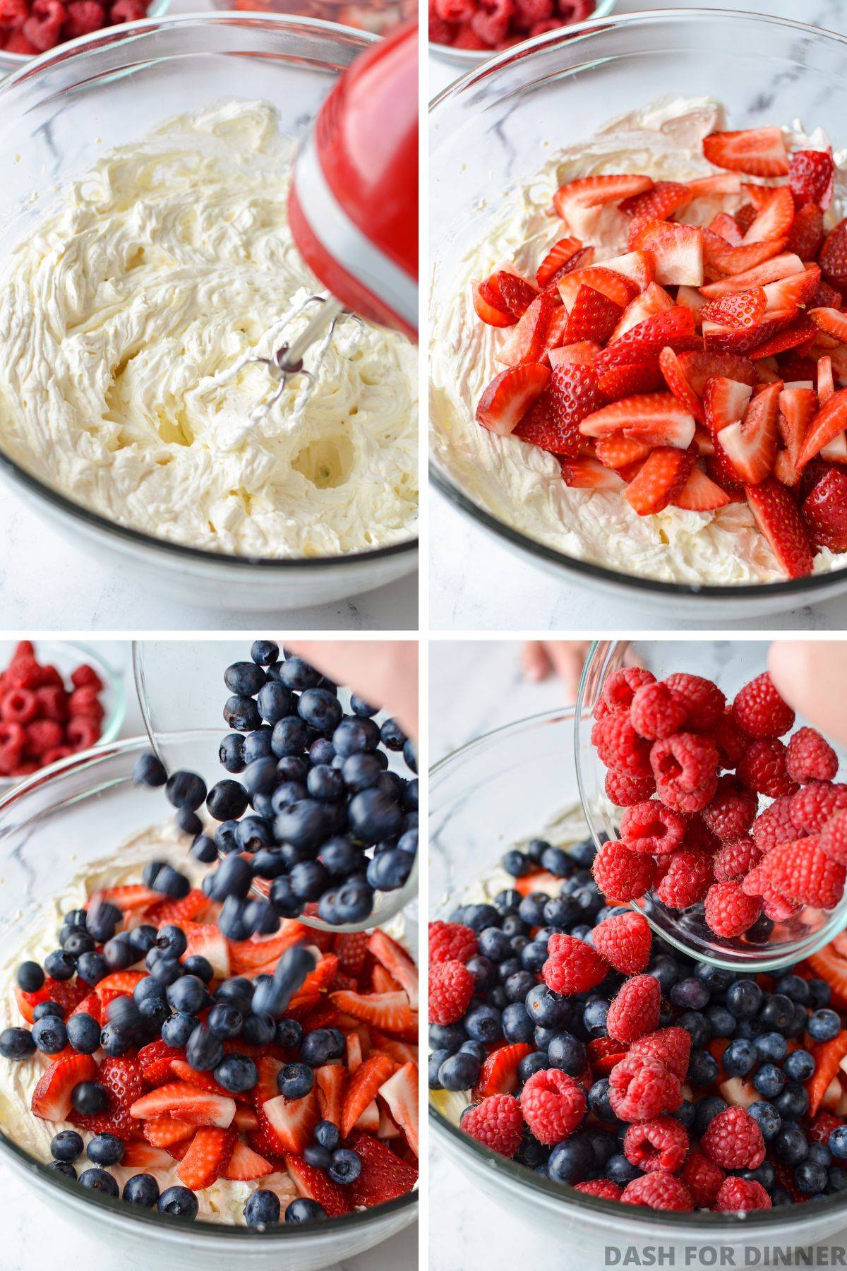 Adding the berries to a combination of cream cheese and cool whip.