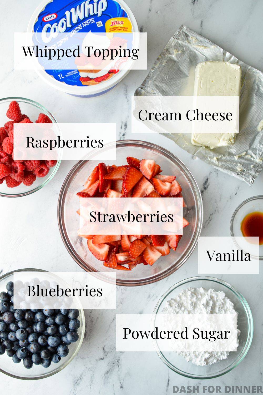 The ingredients needed to make berry cheesecake salad.