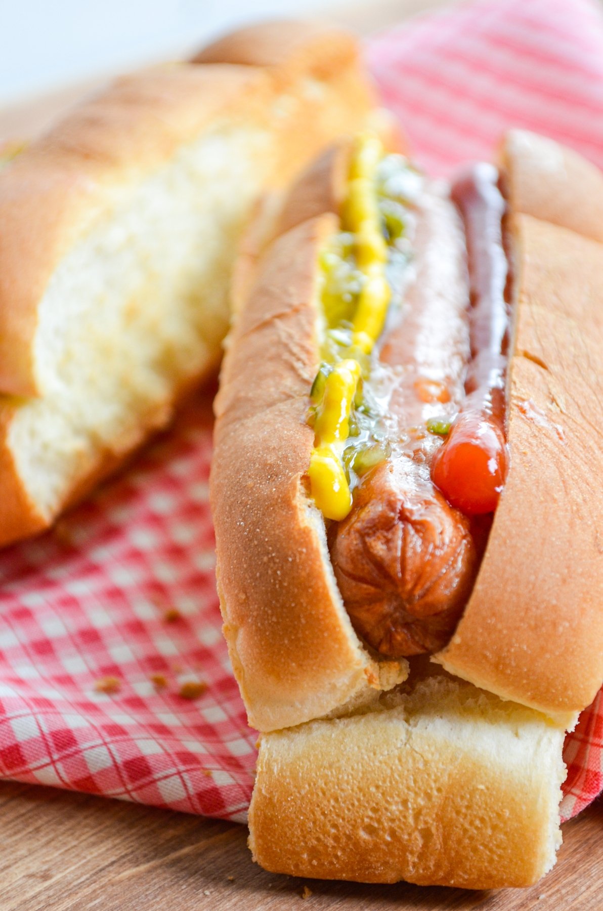 A classic hot dog prepared with ketchup, mustard, and relish.