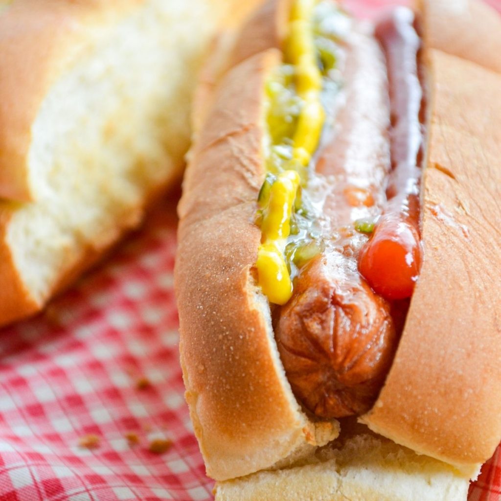 Air fryer hot dogs, fully dressed