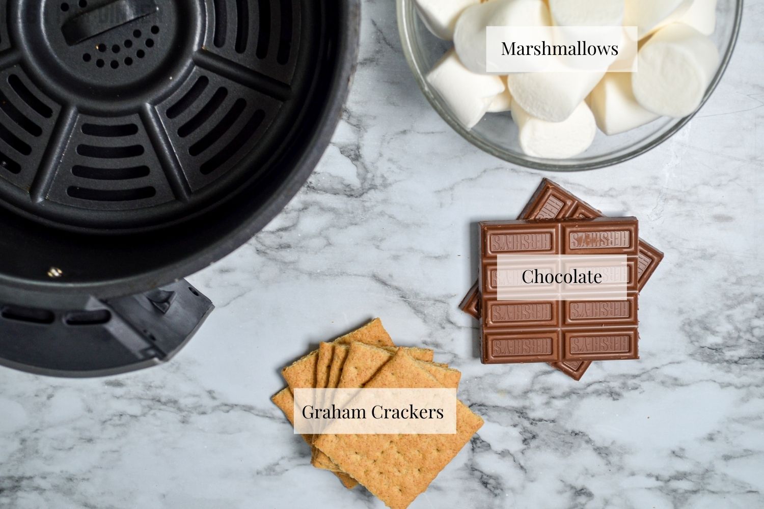 Ingredients needed to make smores in the air fryer.