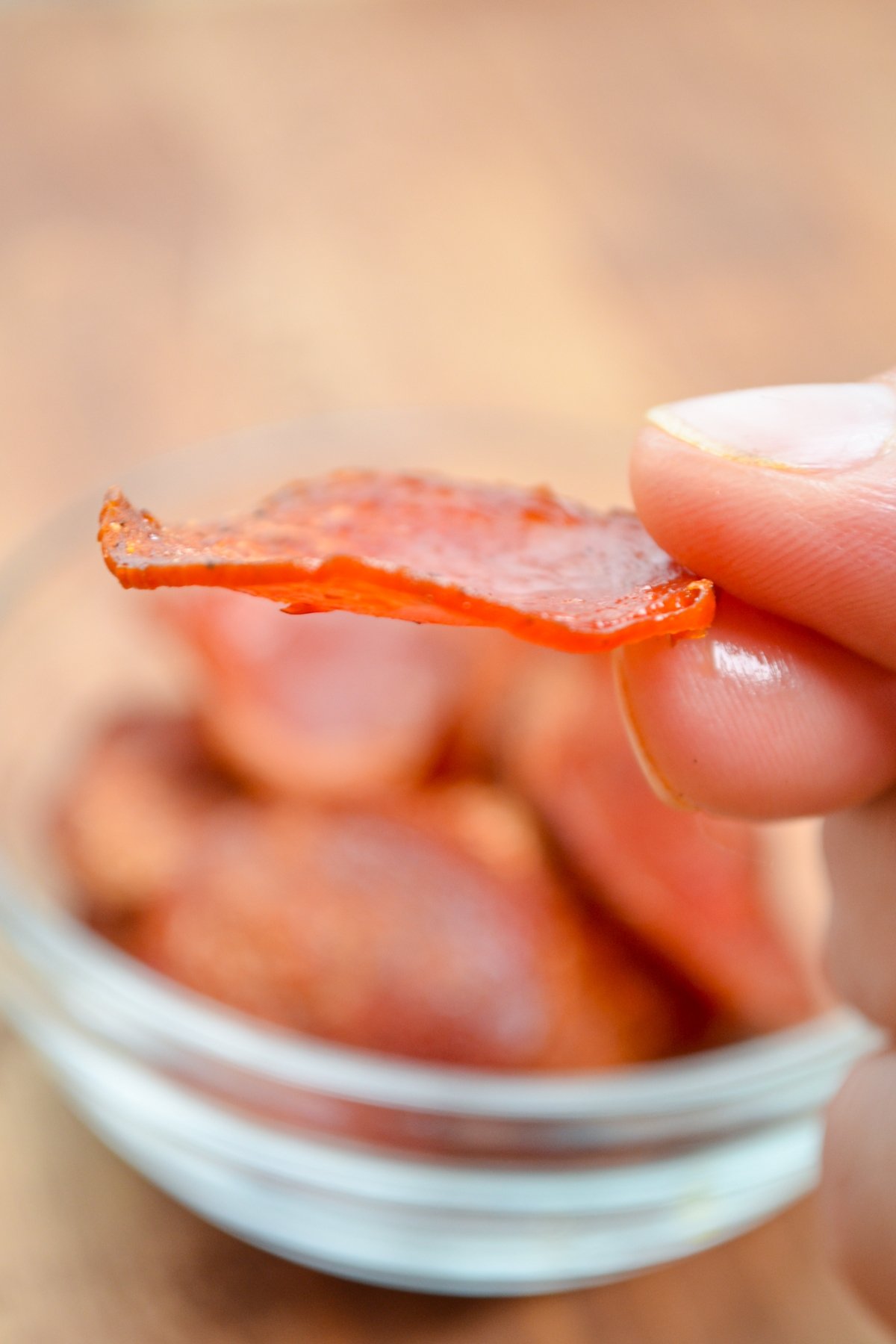 A crispy air fried pepperoni chip.