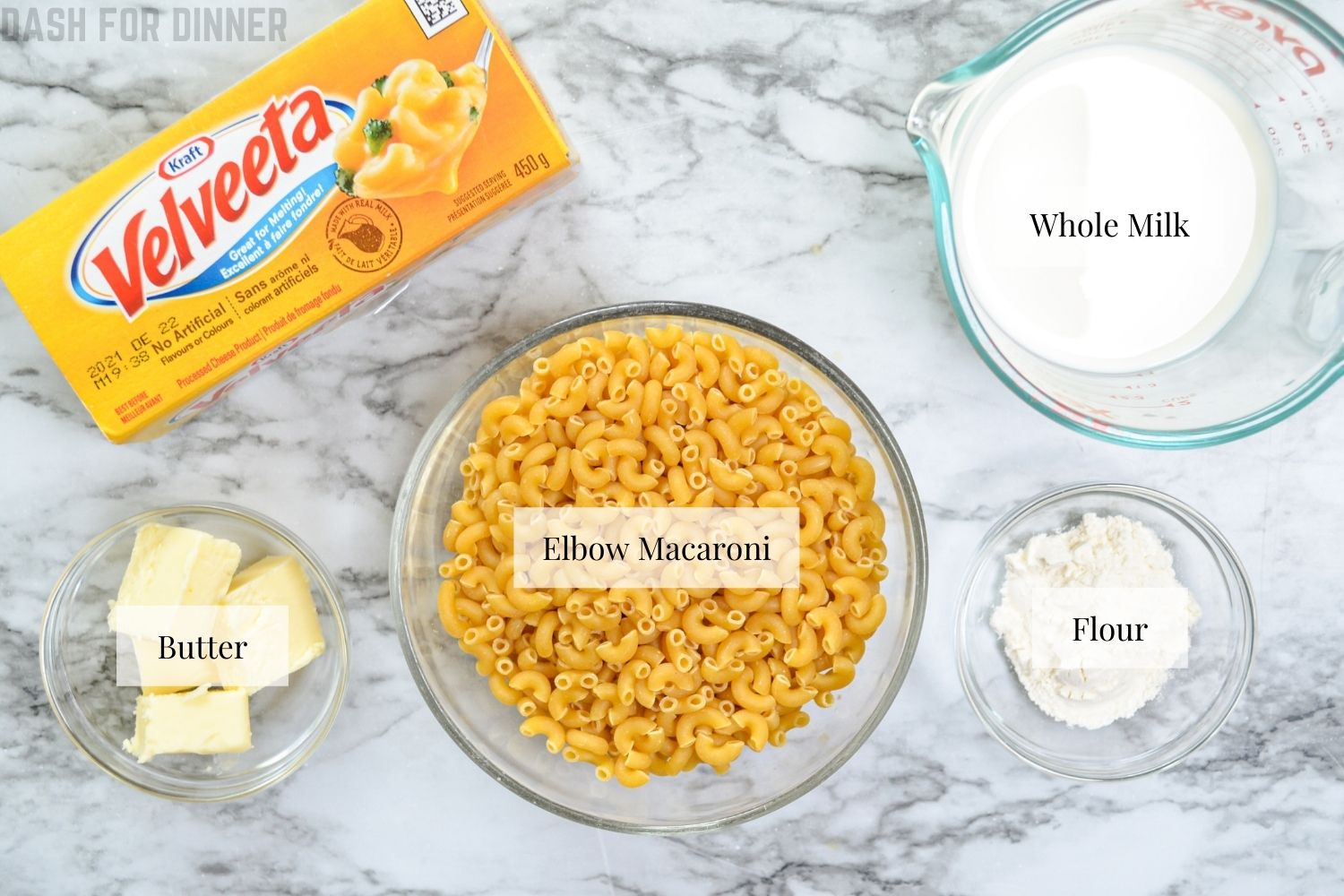 The ingredients needed to make 5 ingredient instant pot mac and cheese.