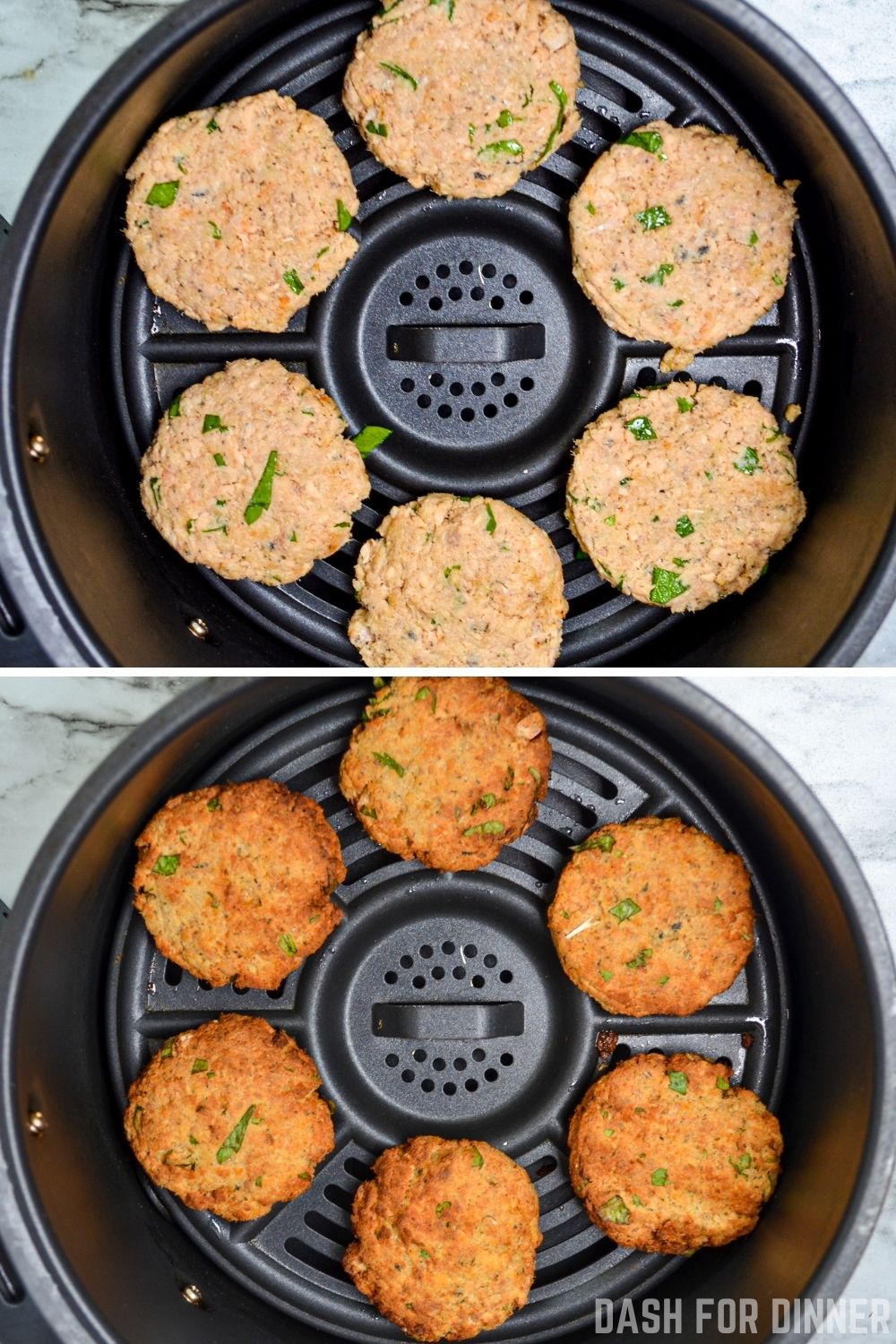 salmon patties, cooked in an air fryer basket.