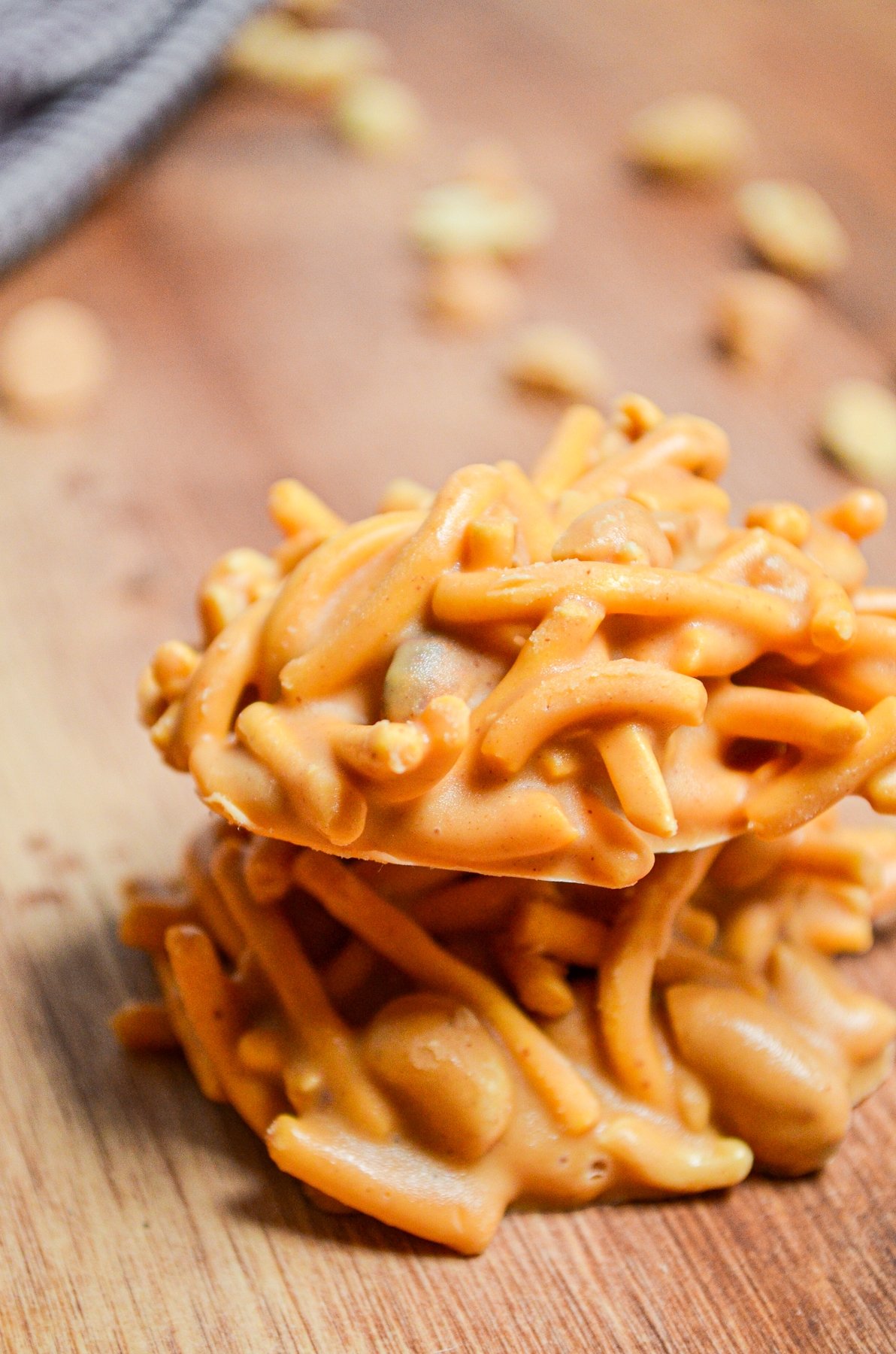 two butterscotch haystack cookies.