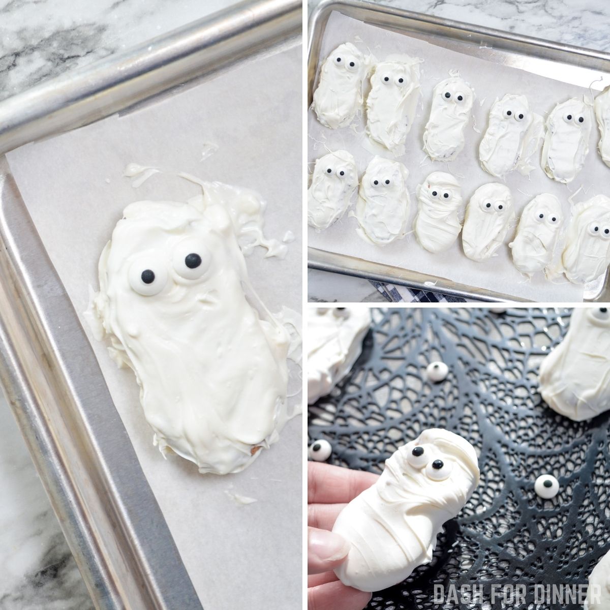 How to coat nutter butters in candy coating to make ghosts.
