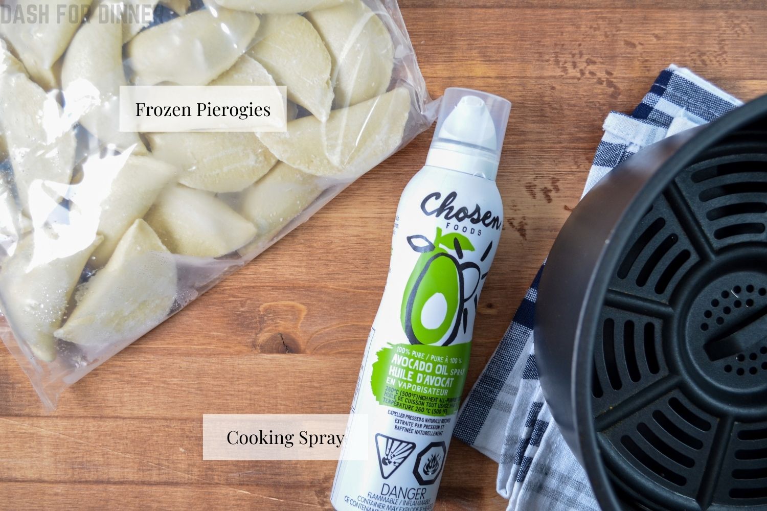 The ingredients needed to make air fryer frozen pierogies.
