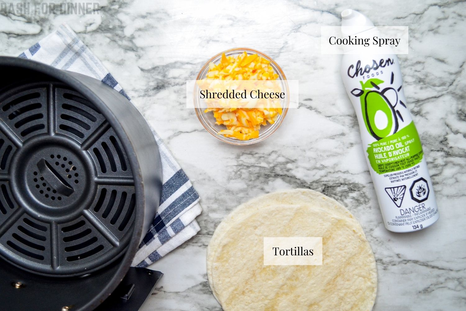 The ingredients needed to make quesadillas in the air fryer: cheese, tortillas, and cooking spray.