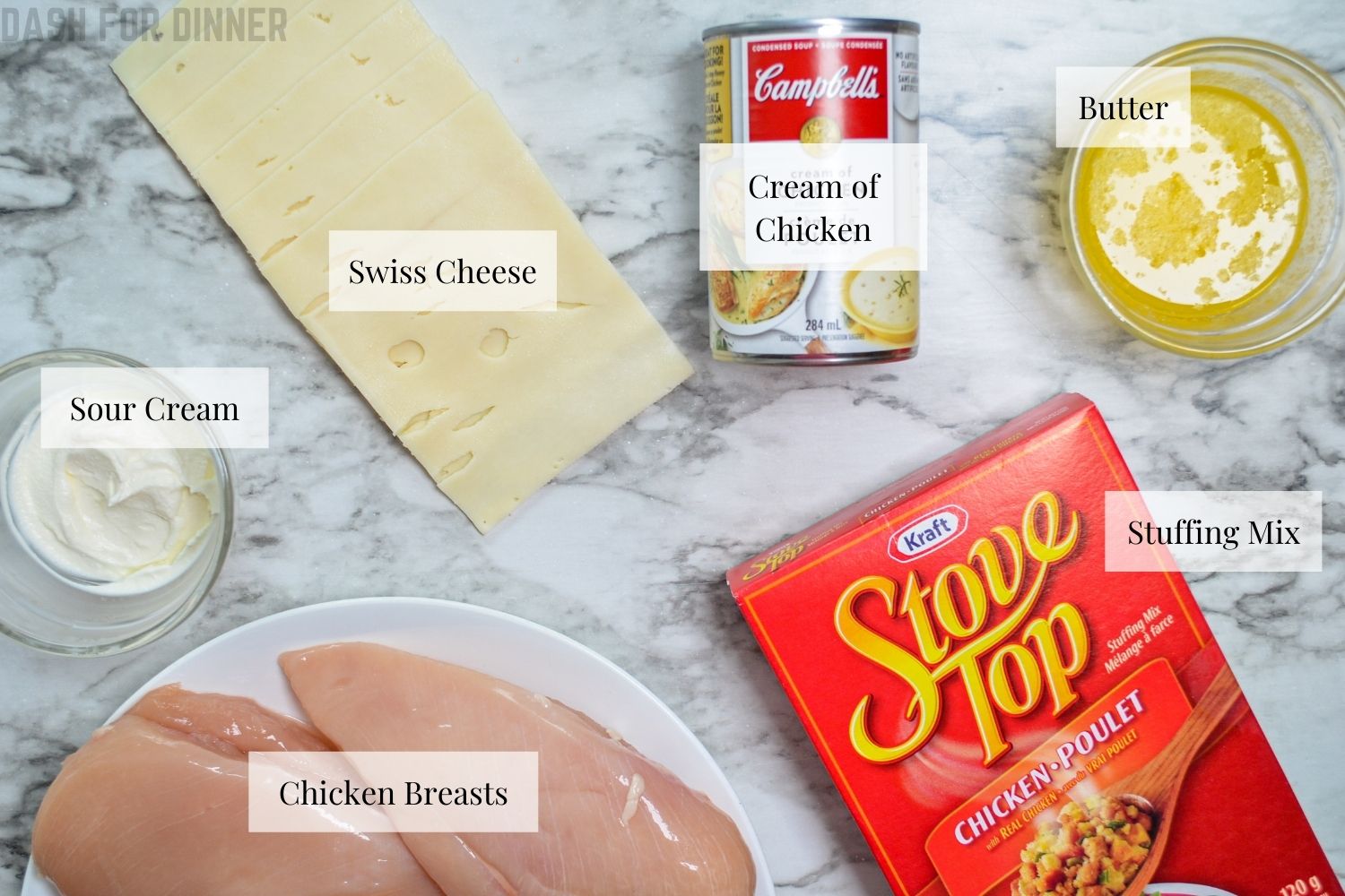 The ingredients needed to make Swiss Chicken Casserole in the slow cooker.