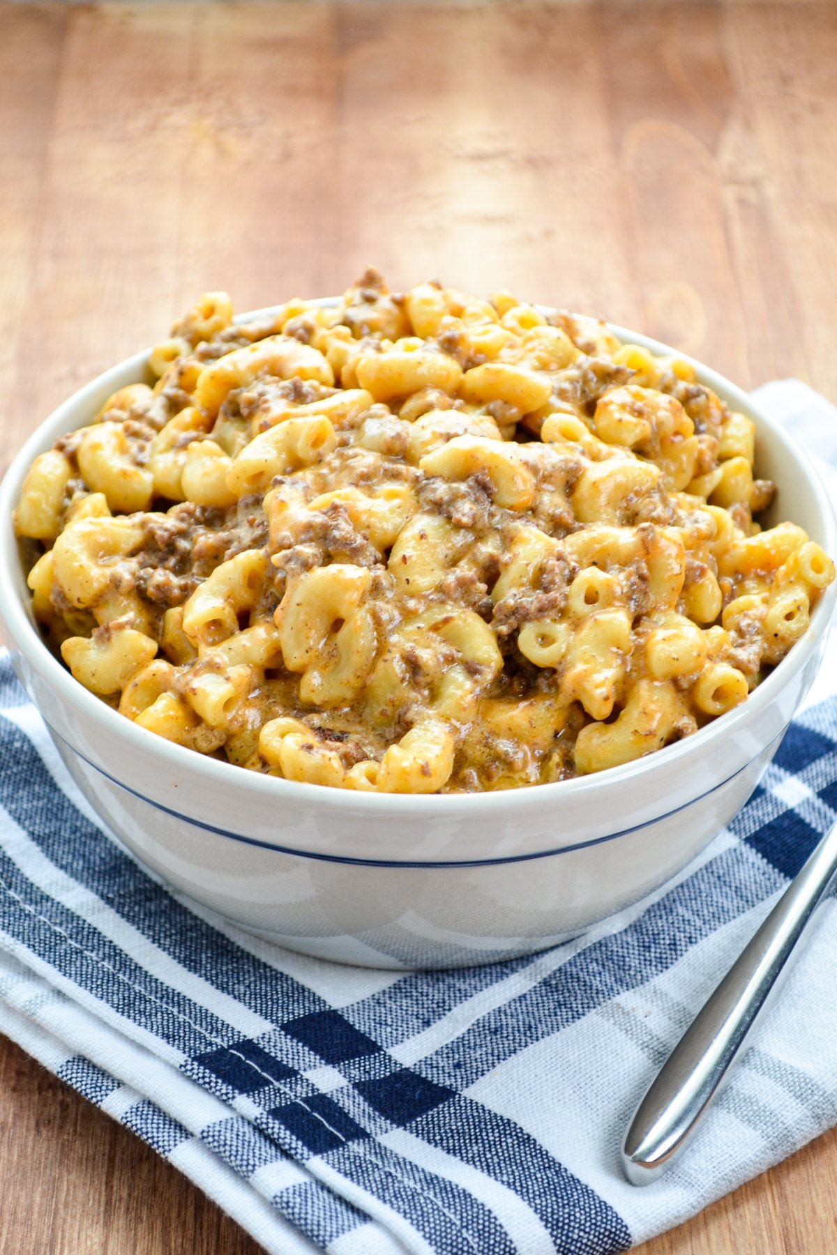 A bowl of hamburger helper that was made in the Instant Pot.