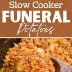 A slow cooker filled with a cornflake topped casserole.