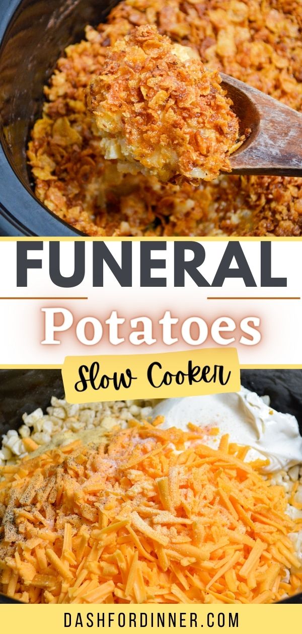 A crock pot full of cheesy hashbrown casserole. The text reading: funeral potatoes, slow cooker.