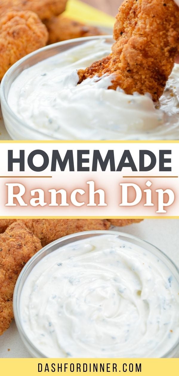 A fried chicken tender being dipped into a homemade ranch dip.