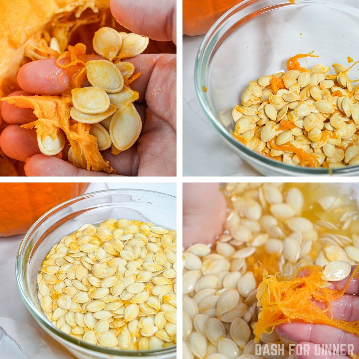 Removing pumpkin seeds from a pumpkin, removing the stringy pulp, and soak to help remove any excess pulp.