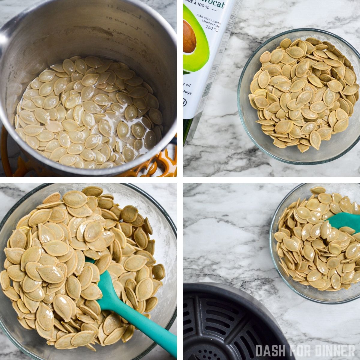 Seasoning pumpkin seeds with salt and tossing with oil before adding to an air fryer.