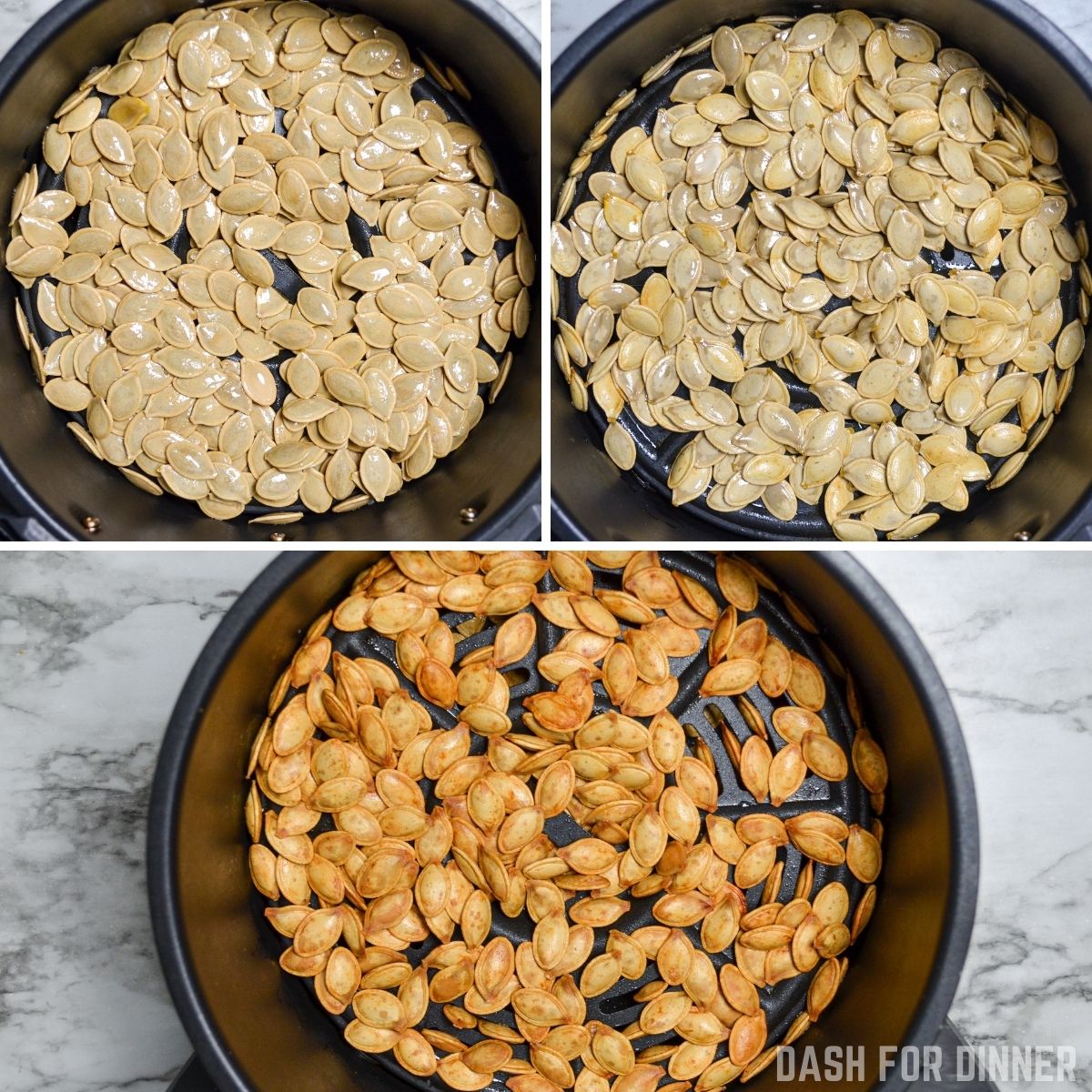 The various stages of roasting pumpkin seeds in an air fryer. First, raw pumpkin seeds tossed with avocado oil. Second, cooked half way through, and the final image is fully roasted pumpkin seeds.