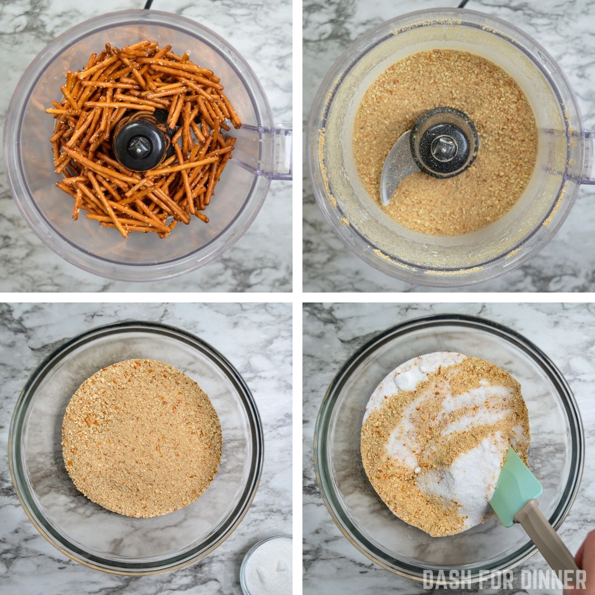Crushed pretzels in a food processor to make crumbs