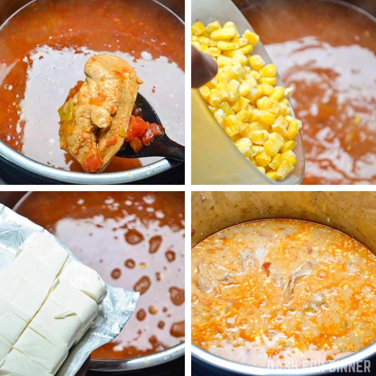 Removing the chicken from a cooked Instant Pot soup, then adding in corn and cream cheese.