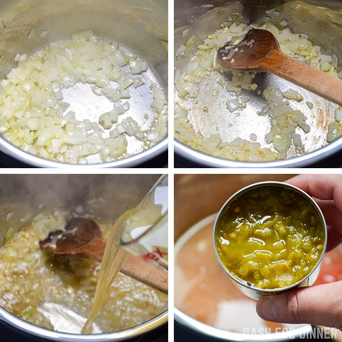 An instant pot insert on saute mode, being used to saute onions and garlic, then adding in broth and green chilies.