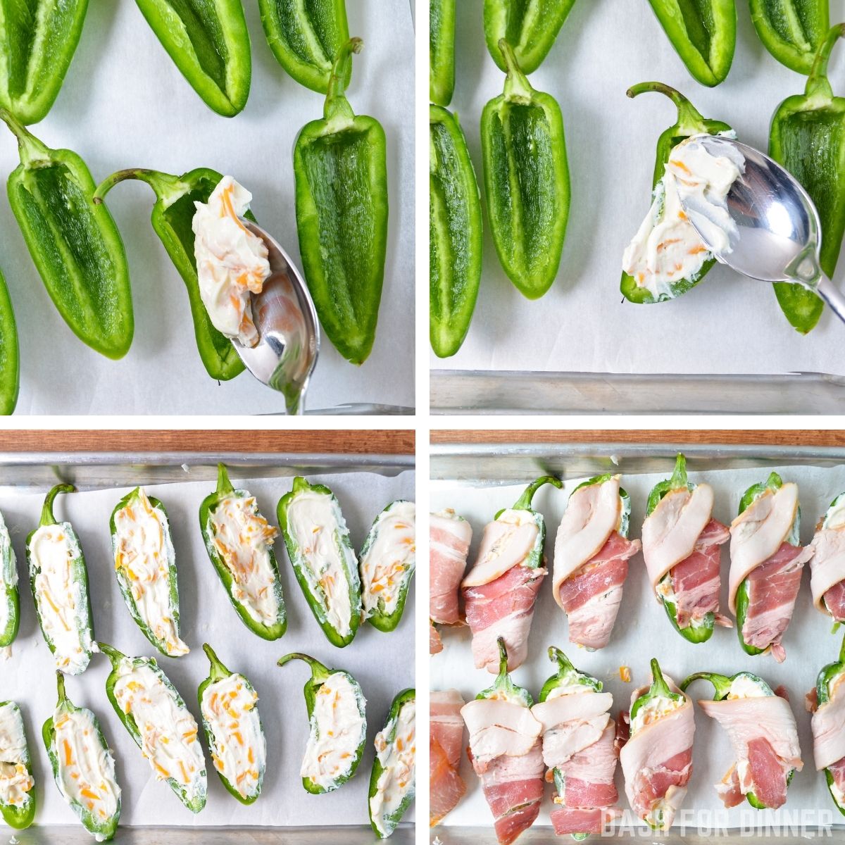Adding cream cheese to hallowed out jalapeno pepper halves, and wrapping in bacon.