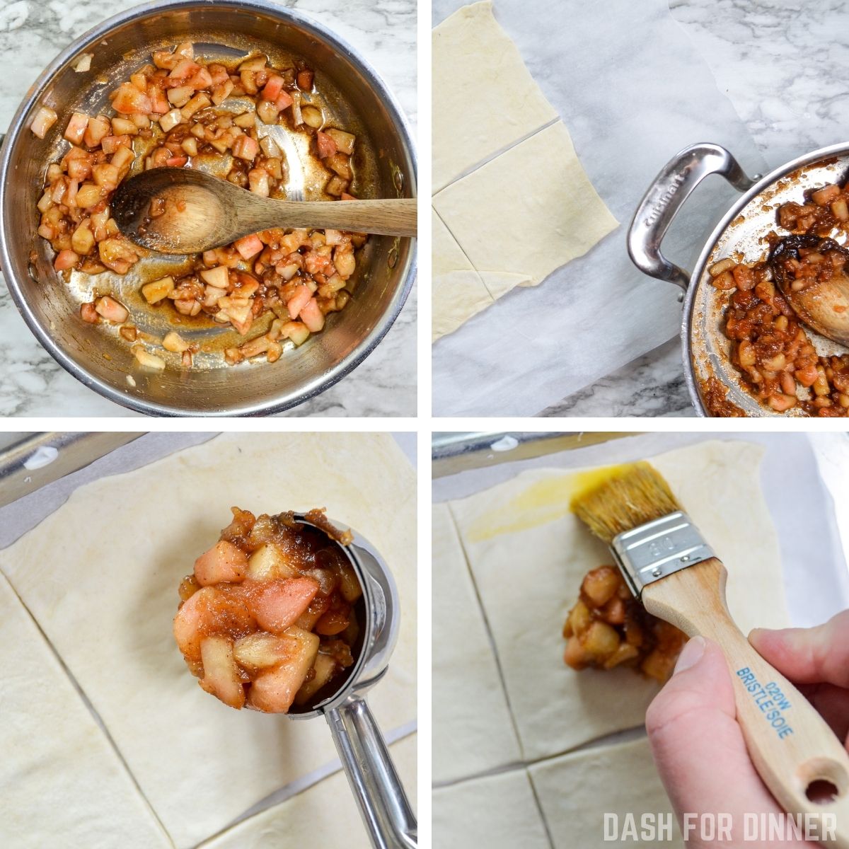 How to add apple filling to puff pastry to make turnovers.