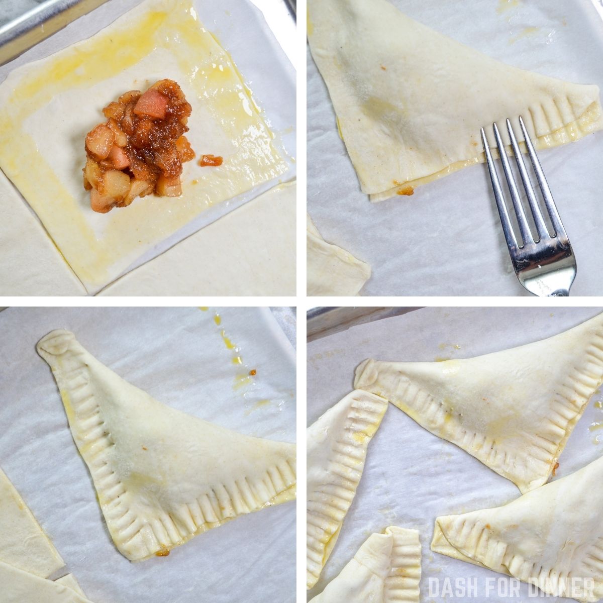 How to fill and seal apple turnovers using an egg wash and fork.
