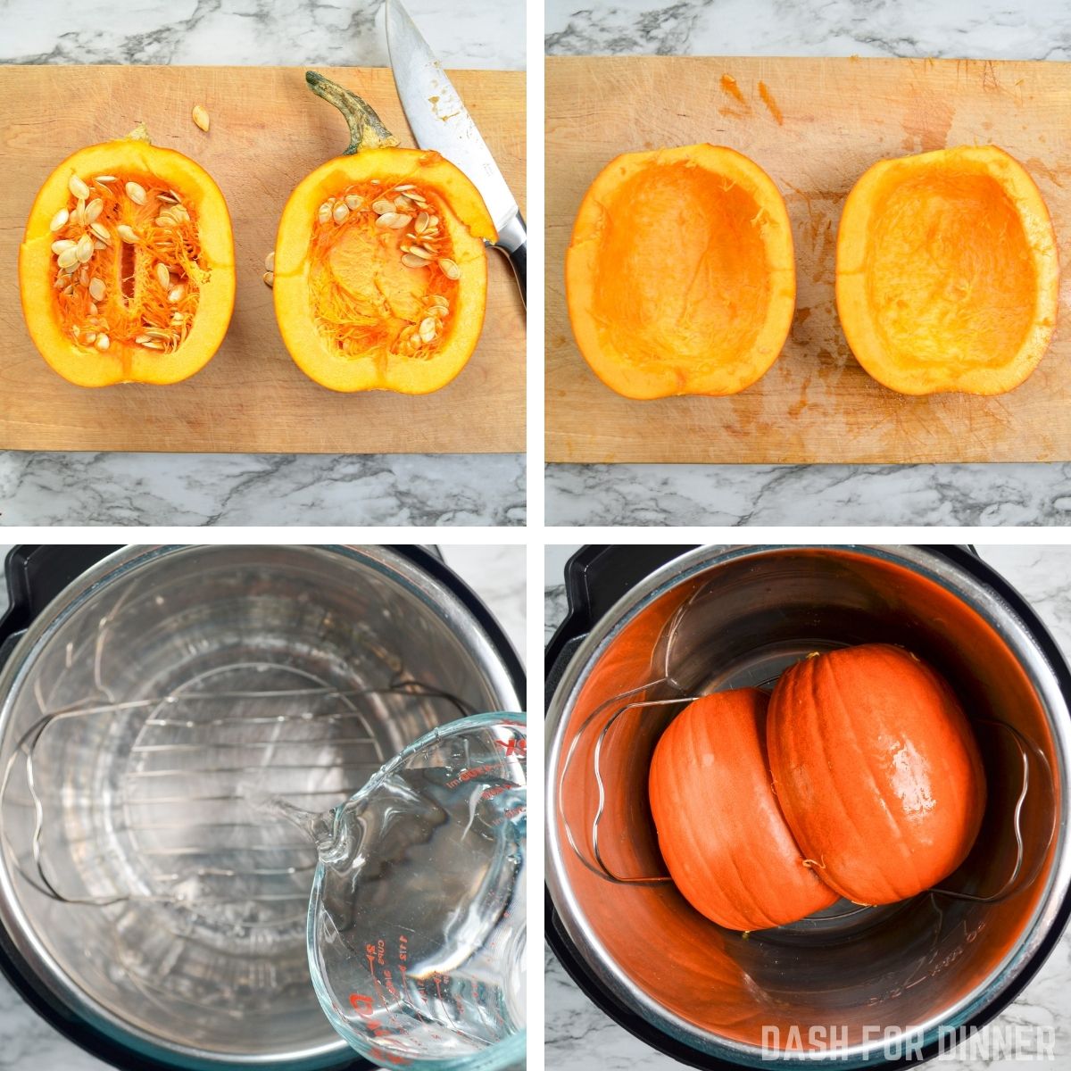 Cutting a pumpkin in half and adding to an Instant Pot.