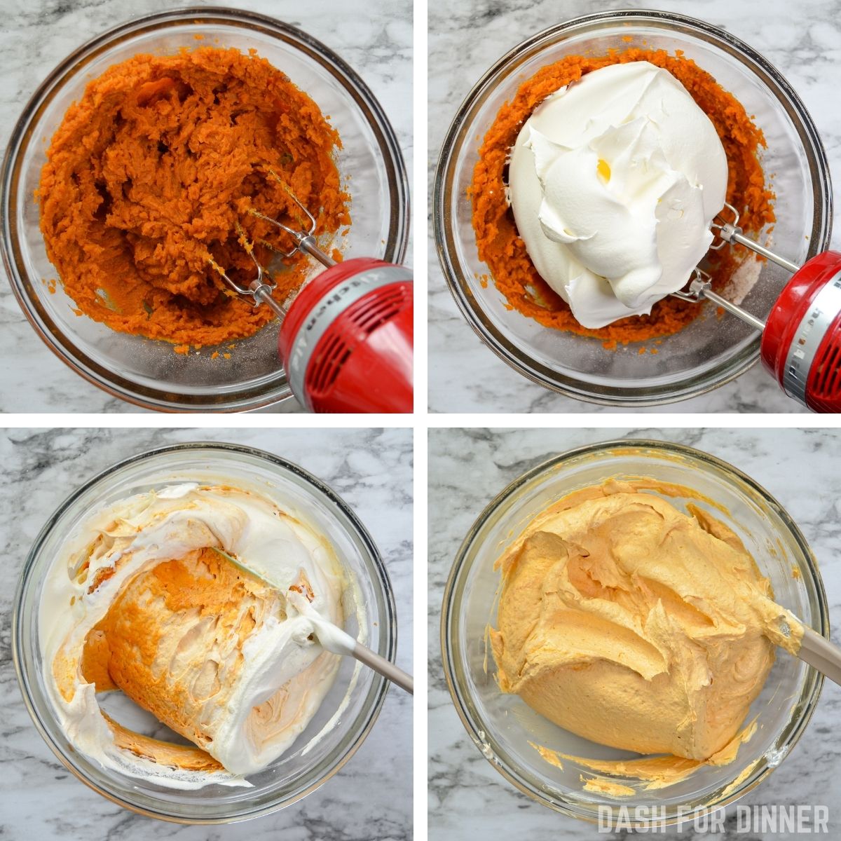 Folding cool whip into a blend of pumpkin, pudding mix, and pumpkin spice to make pumpkin fluff dip.