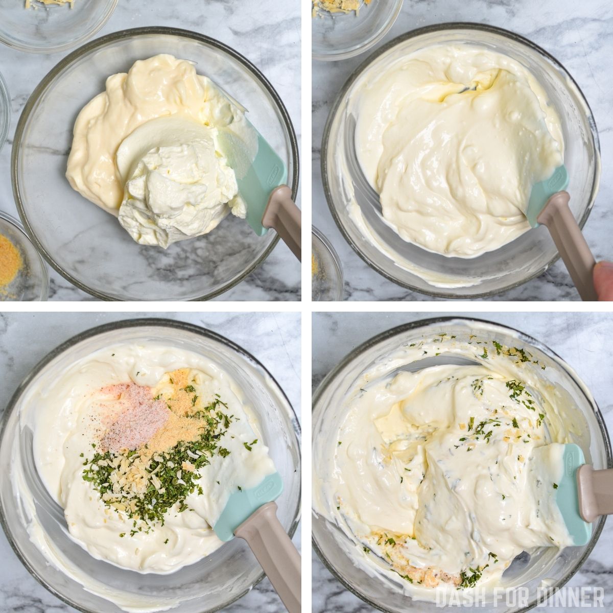 How to mix together seasonings, mayo, and sour cream to make ranch dip.