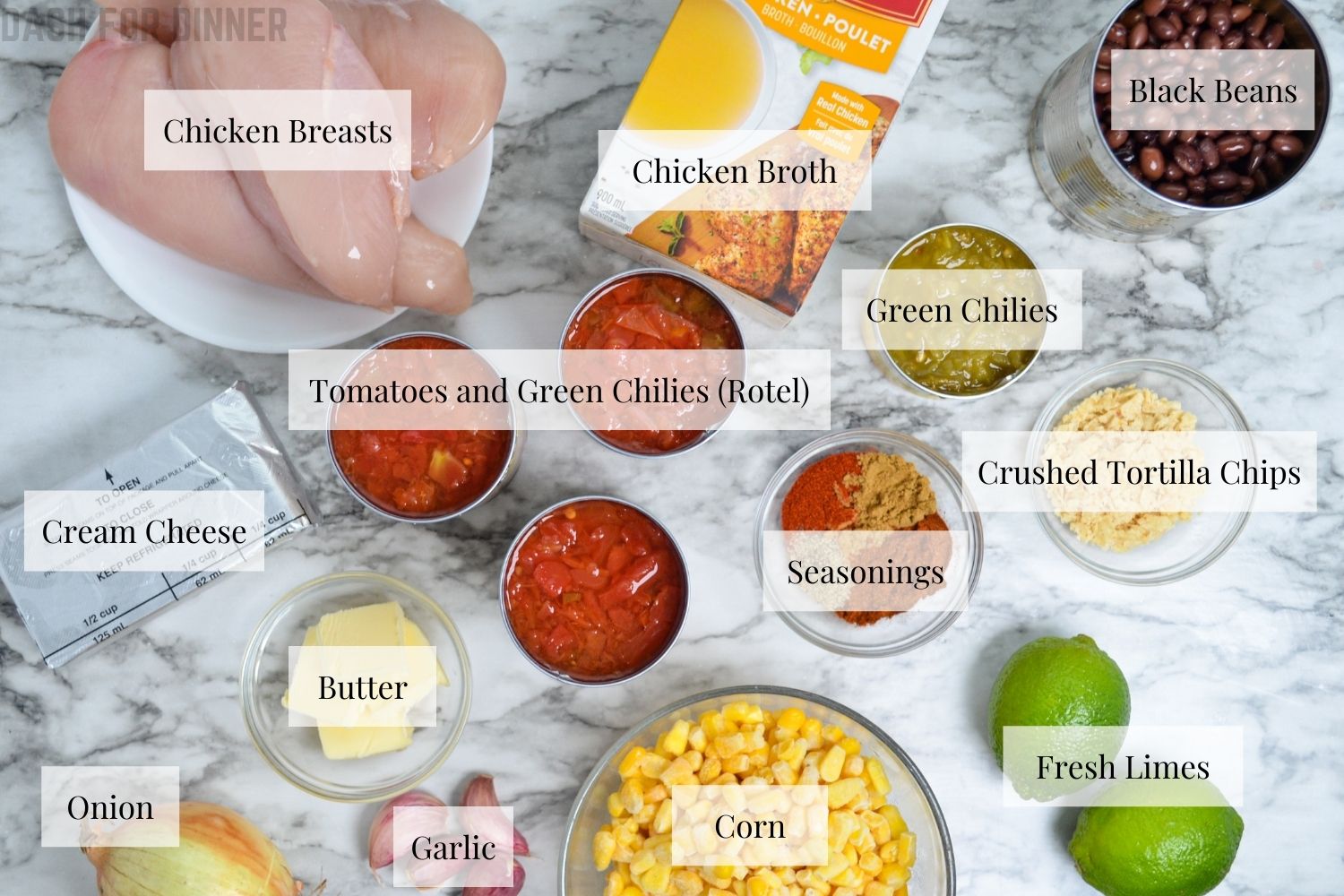 The ingredients needed to make instant pot creamy chicken tortilla soup.