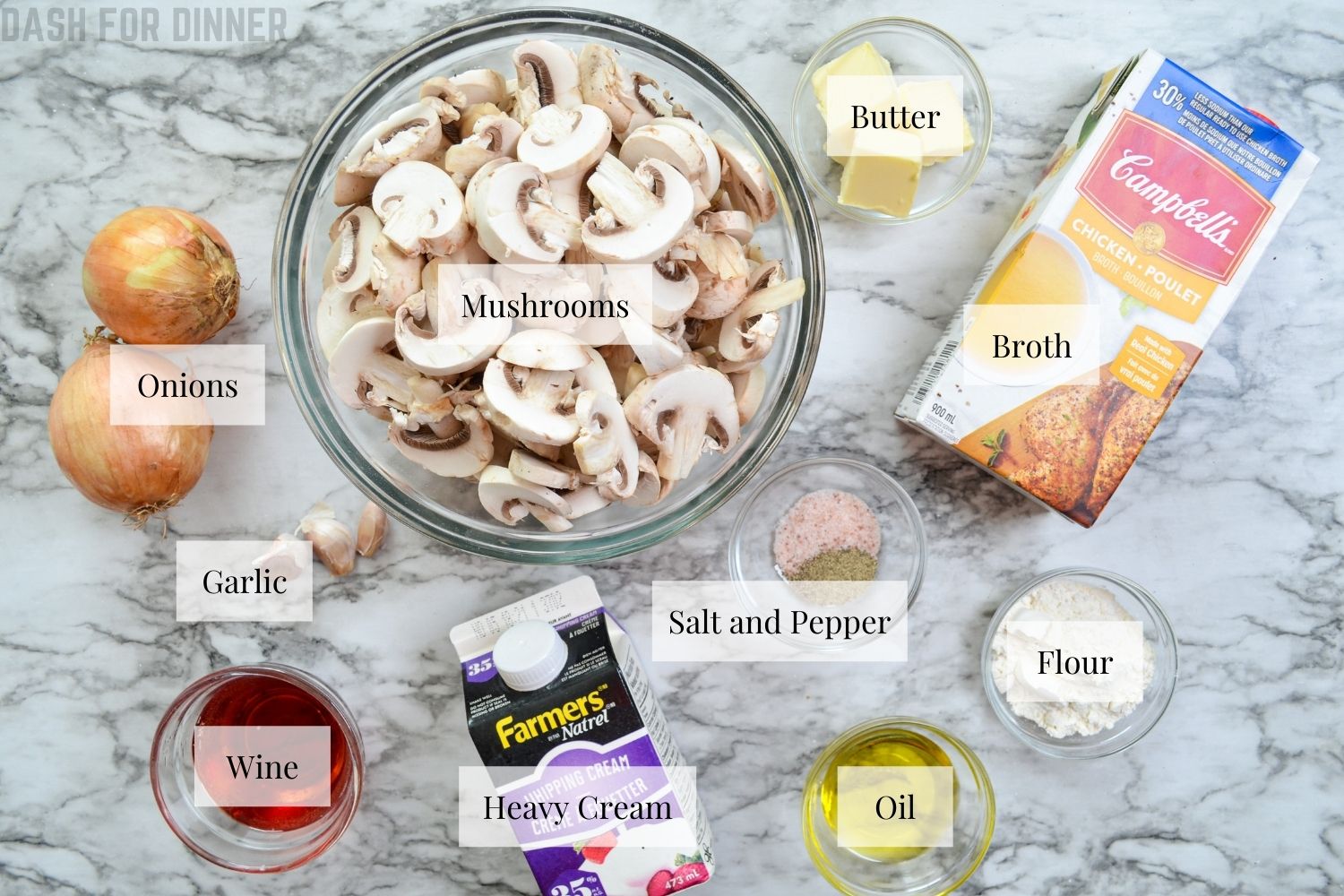 A layout of ingredients needed for Instant Pot mushroom soup