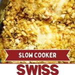A slow cooker filled with chicken and stuffing.