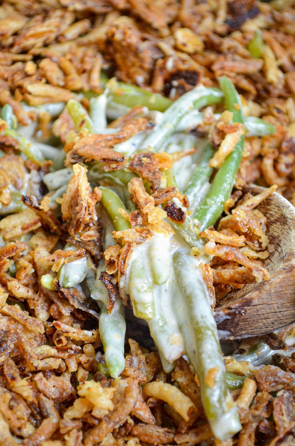 A close up of green bean casserole.