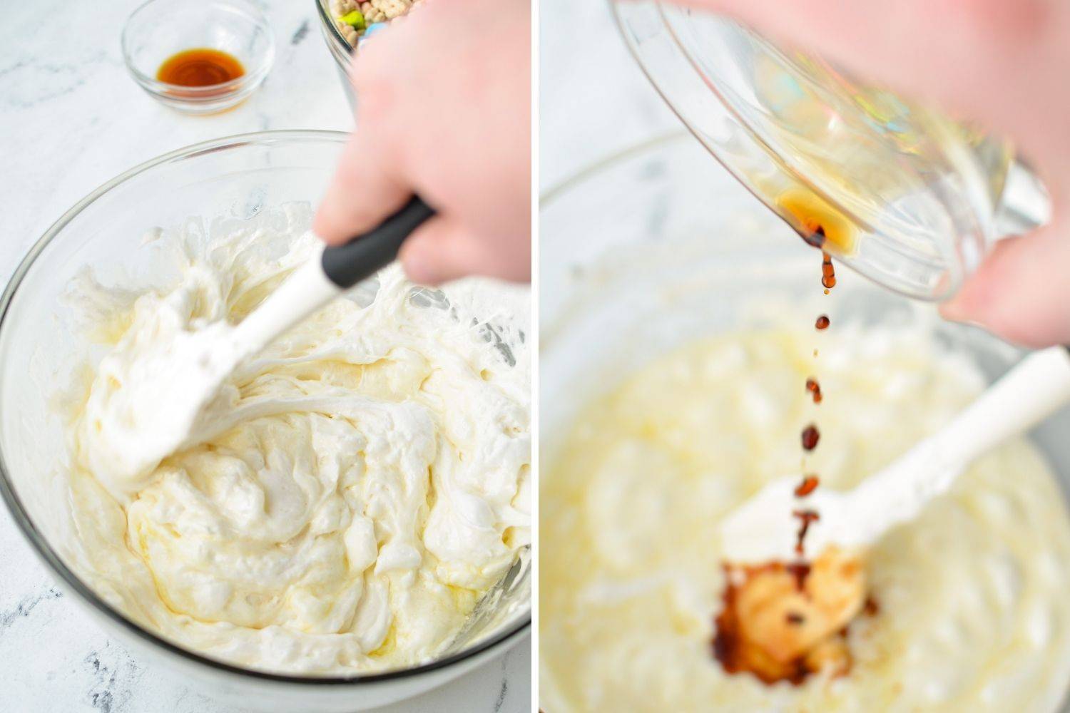 Mixing together a bowl of melted marshmallows and butter, then adding vanilla extract.