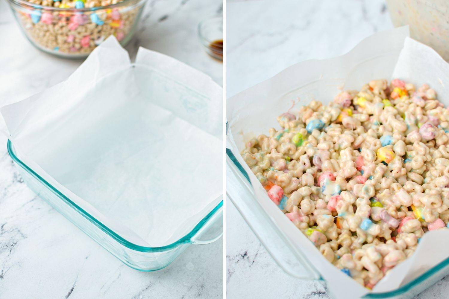 Lining a baking dish to prepare for filling with Lucky Charms treat batter.