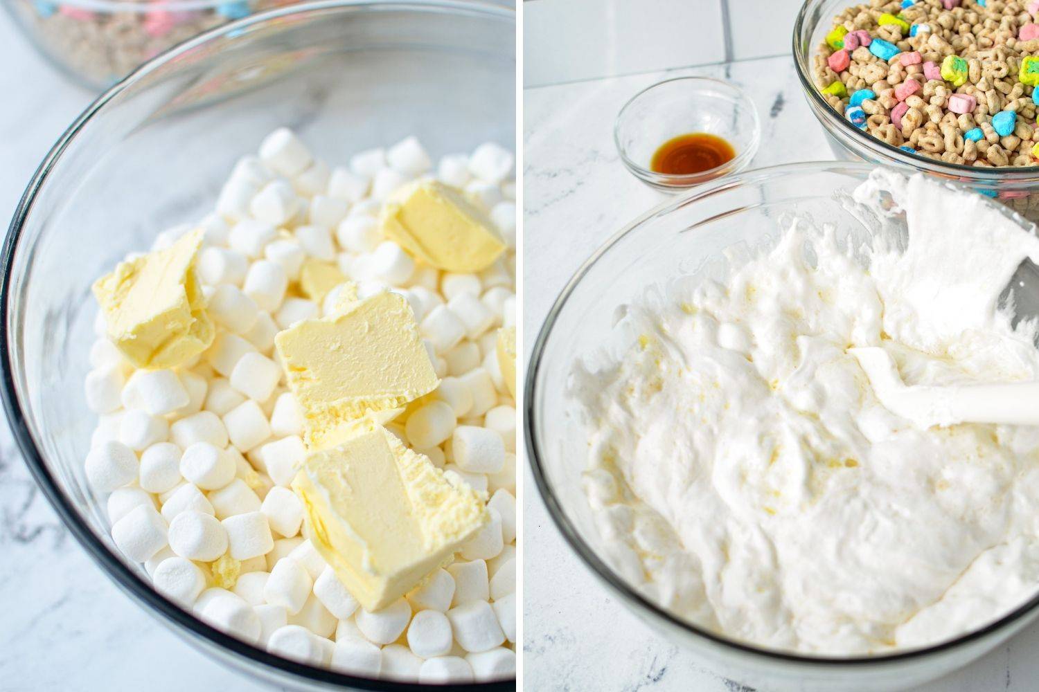 A bowl of mini marshmallows topped with cubes of butter, then, a bowl of melted marshmallows.