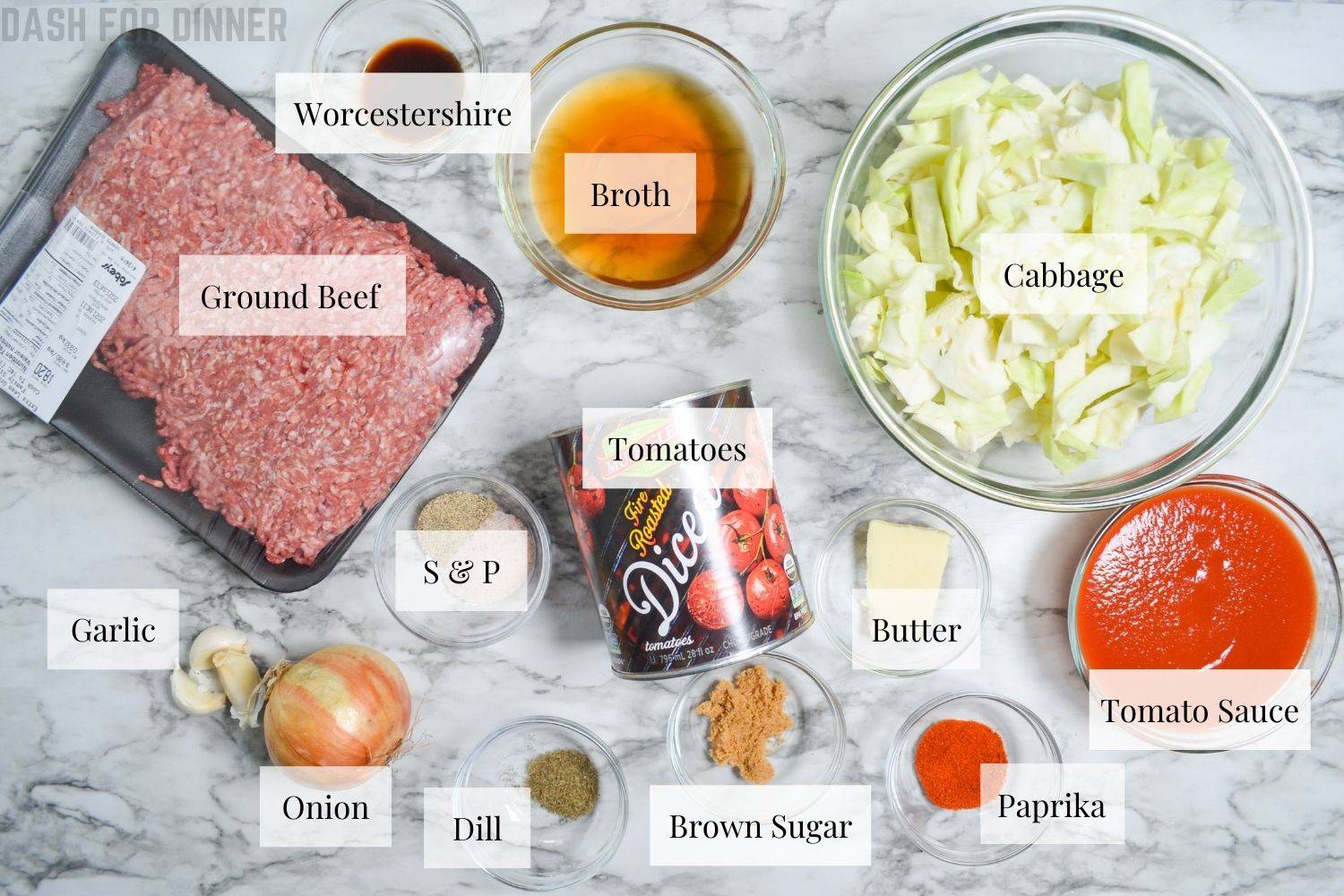 The ingredients needed to make unstuffed cabbage rolls in the Instant Pot.